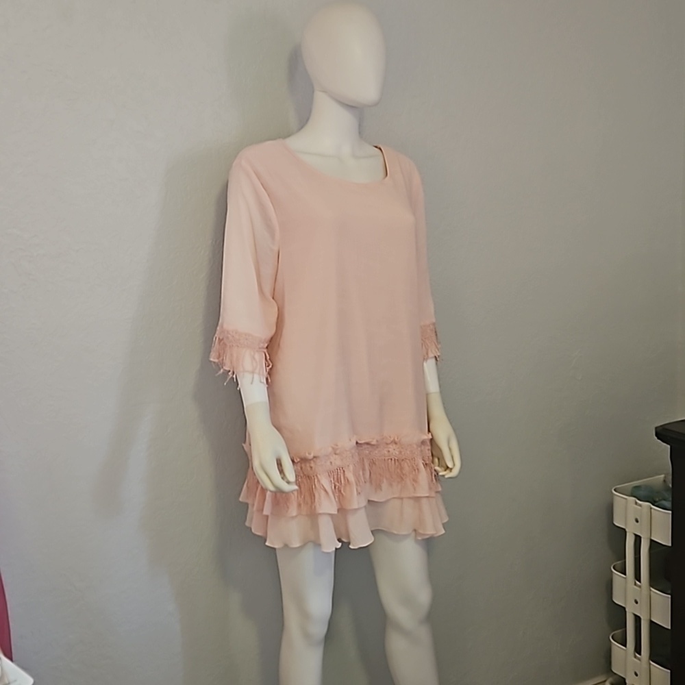 INDIGO SOUL Soft Pink Ruffle Fringe Tunic Micro Mini Fairycore Dress XL - Picture 2 of 10